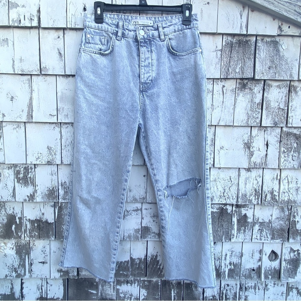 Zara Distressed Wide Leg Wash Button Fly Jeans
